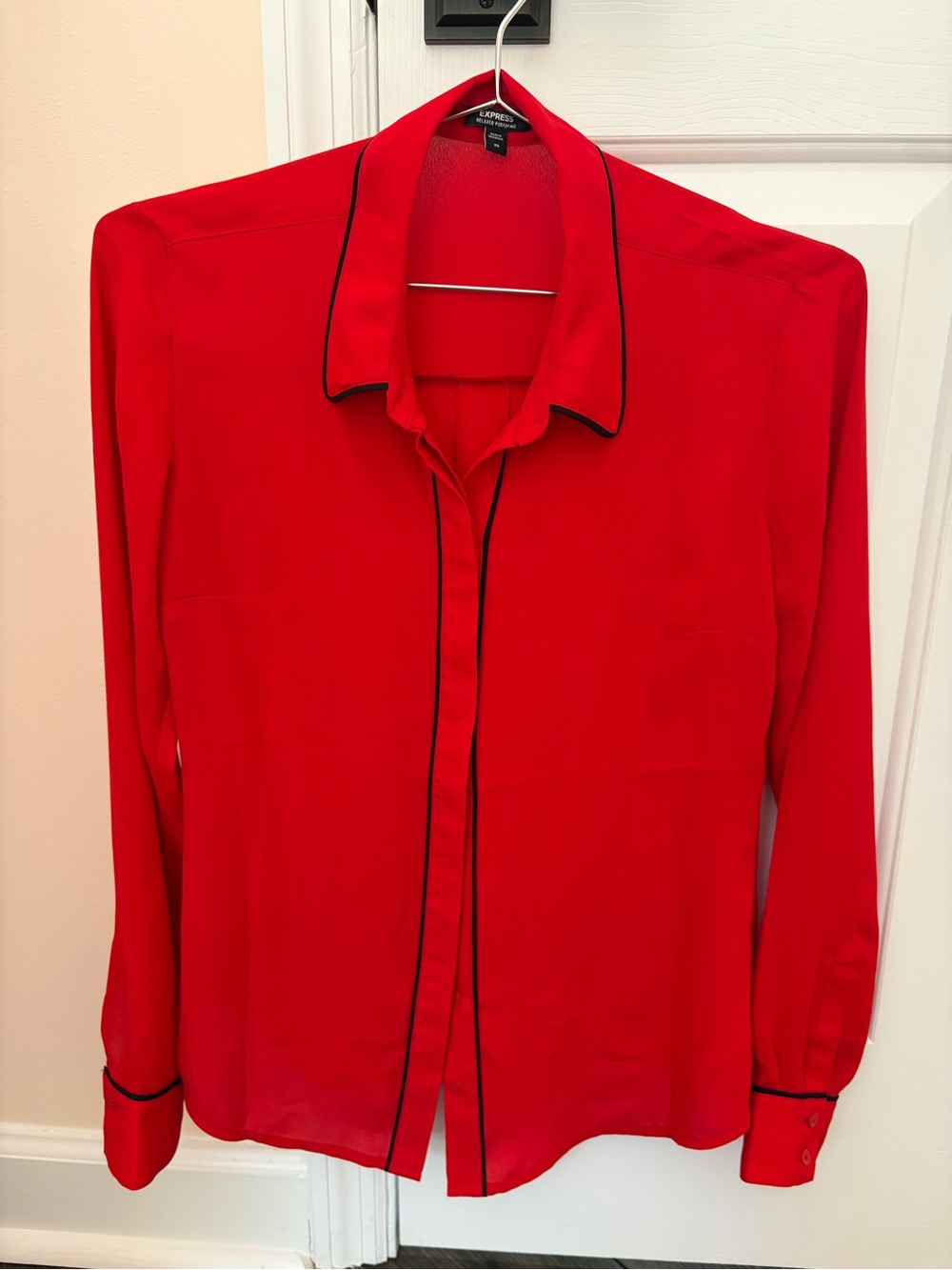 Express Red Long-Sleeve Button-Up Shirt with Black Piping - Women’s